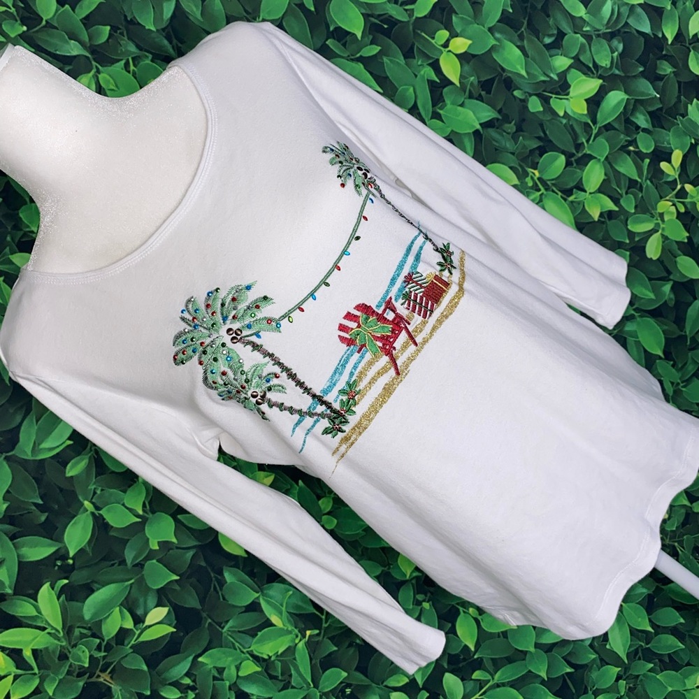 Karen Scott Coastal Christmas Embroidered Palm Tree Cotton Knit Top, Size M - Picture 2 of 6